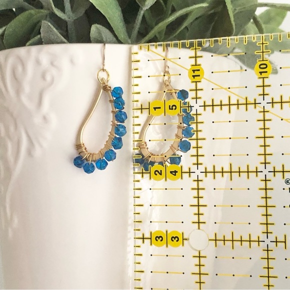 New Hand Beaded Wrapped Wire Teardrop Hoop Dangle One of a Kind Artisan Earrings - Picture 4 of 7